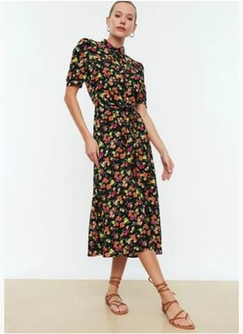 trendyol Black Belted Shirt Midi Woven Floral Print Dress TWOSS20EL1559