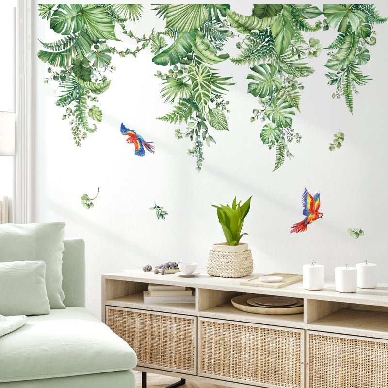 decalmile Hanging Tropical Leaves Wall Decals Green Plants Palm Leaf Vines Parrots Wall Stickers Living Room Bedroom TV Background Wall Decor - Image 3