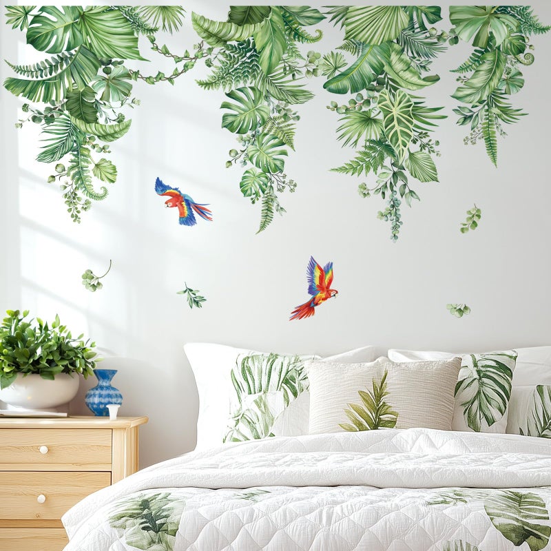 decalmile Hanging Tropical Leaves Wall Decals Green Plants Palm Leaf Vines Parrots Wall Stickers Living Room Bedroom TV Background Wall Decor - Image 2