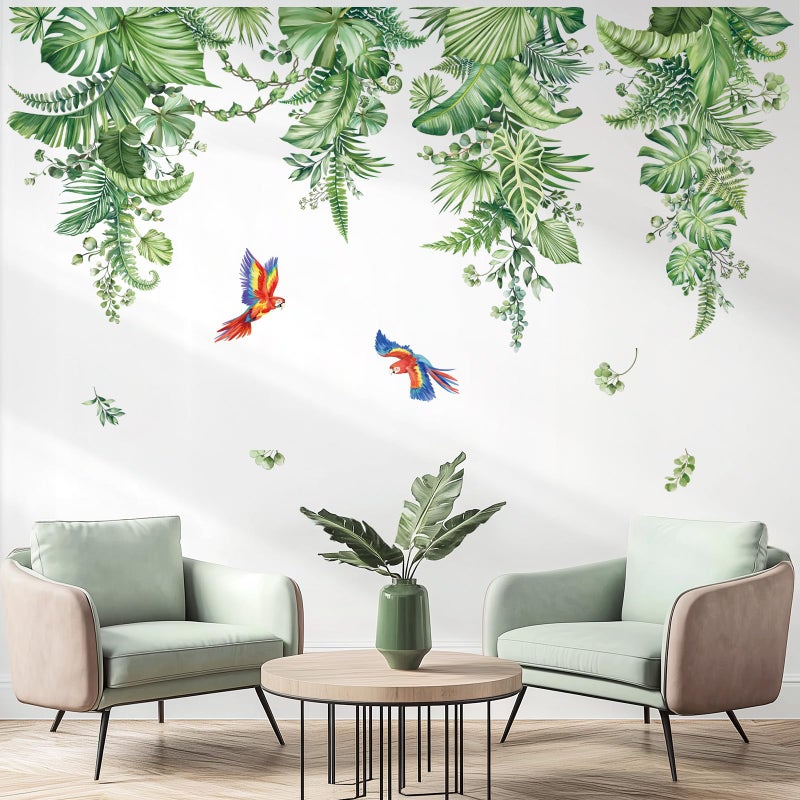 decalmile Hanging Tropical Leaves Wall Decals Green Plants Palm Leaf Vines Parrots Wall Stickers Living Room Bedroom TV Background Wall Decor - Image 1