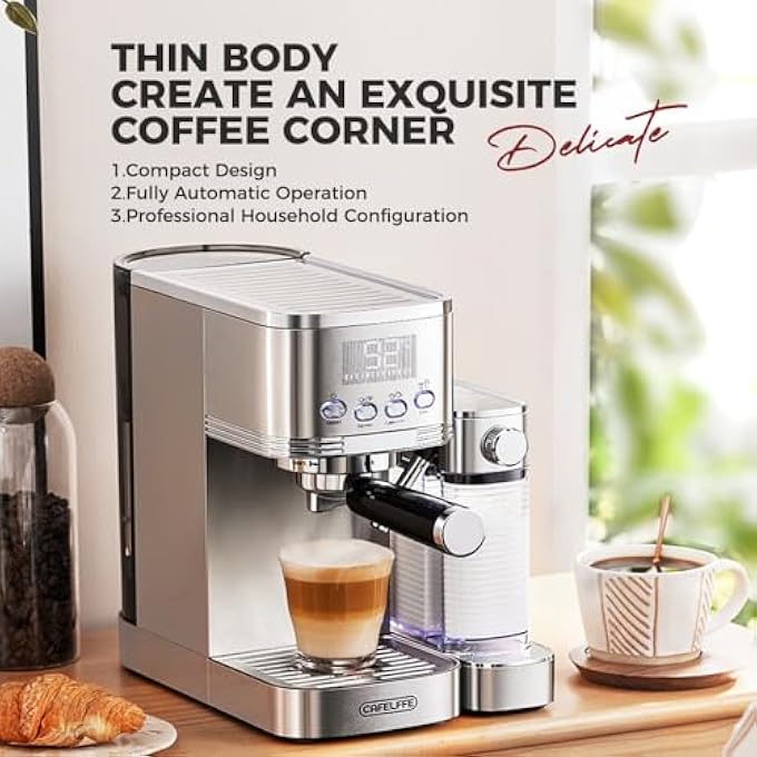 كافلف ماكينة صنع قهوة الإسبريسو Mk801 بقوة 20 بار مع رغوة حليب أوتوماتيكية، زر واحد لتحضير الكابتشينو واللاتيه والإسبريسو، غلاية مزدوجة مع تحكم في درجة الحرارة PID، تنظيف ذاتي، مصنوعة من الفولاذ المقاوم للصدأ - Image 2