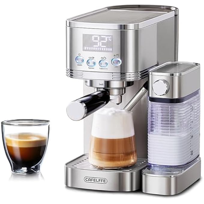 كافلف ماكينة صنع قهوة الإسبريسو Mk801 بقوة 20 بار مع رغوة حليب أوتوماتيكية، زر واحد لتحضير الكابتشينو واللاتيه والإسبريسو، غلاية مزدوجة مع تحكم في درجة الحرارة PID، تنظيف ذاتي، مصنوعة من الفولاذ المقاوم للصدأ - Image 1