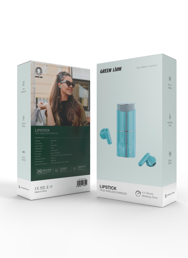 GREEN LION - Lipstick True Wireless Earbuds / Shining Lipstick Earphone Design / Noise Reduction / TWS Earbuds for girls/ Truewireless Headphone for women/ Support Fast Charge / Hand-Free Calls / BT Version 5.3 / Stereo System / Type-C Output - Blue - Image 1
