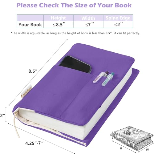 APLUFINE Canvas Book Covers, Washable Book Protector, Jumbo Book Cover for Paperback Novels, Adjustable Book Cover for Hardcover with Pockets for Pen, Soft Cover Books, Book Lovers Gifts, Lavender - Image 5
