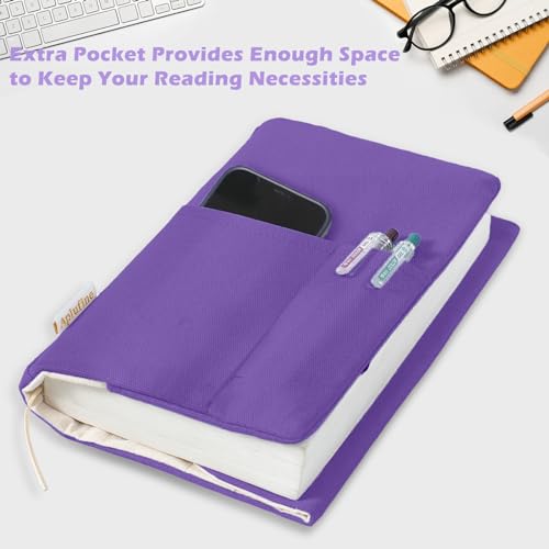APLUFINE Canvas Book Covers, Washable Book Protector, Jumbo Book Cover for Paperback Novels, Adjustable Book Cover for Hardcover with Pockets for Pen, Soft Cover Books, Book Lovers Gifts, Lavender - Image 3