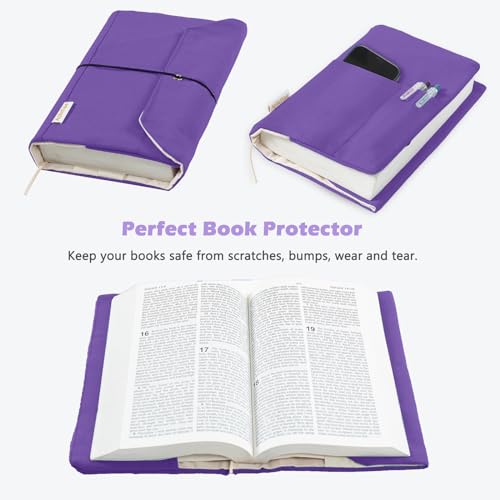 APLUFINE Canvas Book Covers, Washable Book Protector, Jumbo Book Cover for Paperback Novels, Adjustable Book Cover for Hardcover with Pockets for Pen, Soft Cover Books, Book Lovers Gifts, Lavender - Image 2
