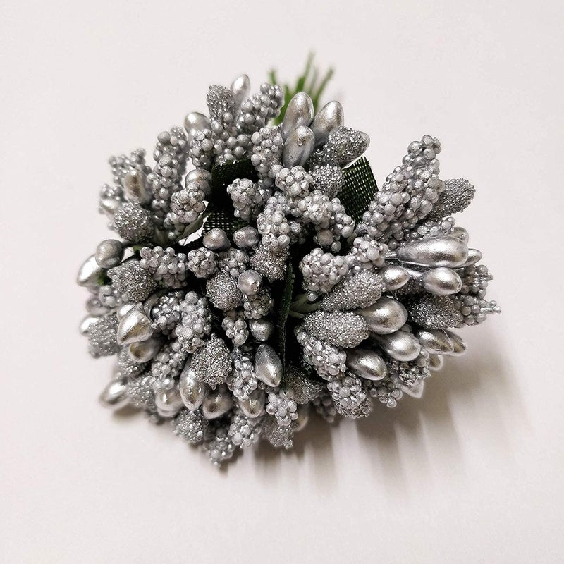 Prokart ProKart Premium Pollen Flowers for Hair Accessories Tiara Making Jewelry Making and Dress Decoration 12 Bunch of 8 Pollen Each Pack of 96 Pcs Silver  - Image 2