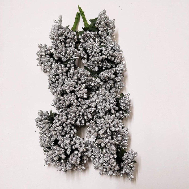 Prokart ProKart Premium Pollen Flowers for Hair Accessories Tiara Making Jewelry Making and Dress Decoration 12 Bunch of 8 Pollen Each Pack of 96 Pcs Silver  - Image 3