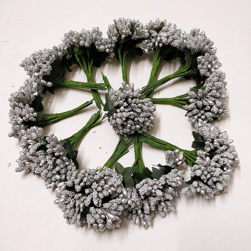 Prokart ProKart Premium Pollen Flowers for Hair Accessories Tiara Making Jewelry Making and Dress Decoration 12 Bunch of 8 Pollen Each Pack of 96 Pcs Silver  - Image 1