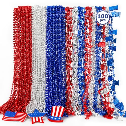 EOBOH 100PCS 4th of July Necklace 16 Kinds Fourth of July Beads Necklace Bulk Independence Day Red Blue White Stars USA Flags Pendant Beads Patriotic Bulk for Parade Party Celebration Favors - Image 1