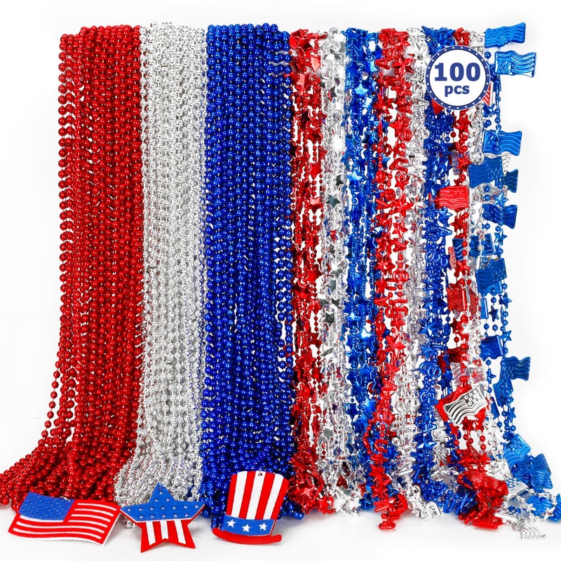 EOBOH 100PCS 4th of July Necklace 16 Kinds Fourth of July Beads Necklace Bulk Independence Day Red Blue White Stars USA Flags Pendant Beads Patriotic Bulk for Parade Party Celebration Favors - Image 2