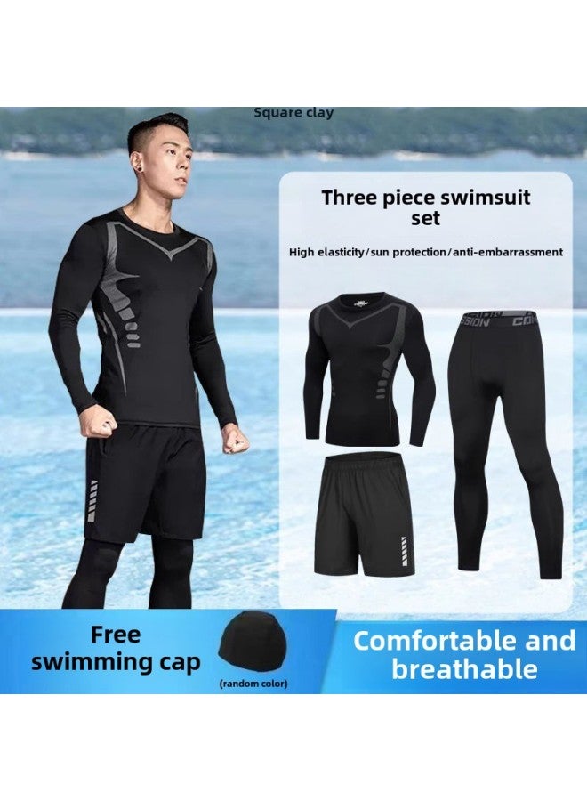 Generic Swimwear Suit Men's Sunscreen Long Sleeve Trunks Swimming Trunks Men's Swimming Snorkeling Boys Swimwear Jellyfish Diving Suit Factory-Color:Pure Black Short Sleeves + Shorts + Trousers [free Swimming Cap]-Size:2xl [recommended 80-90kg ]  - Image 2