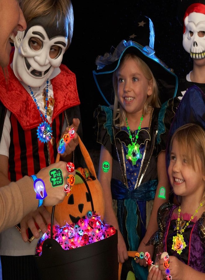 SURCVIO 100 PCS Halloween Party Favors for Kids, Halloween Glow in the Dark Toys Rotating Spin Light Up Necklaces, LED Rings Bracelets Balls Decorations, Trick or Treats Classroom Goodie Bag Fillers - Image 5