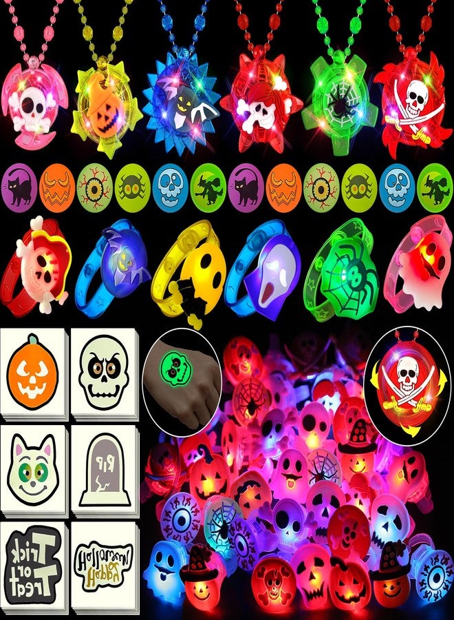 SURCVIO 100 PCS Halloween Party Favors for Kids, Halloween Glow in the Dark Toys Rotating Spin Light Up Necklaces, LED Rings Bracelets Balls Decorations, Trick or Treats Classroom Goodie Bag Fillers - Image 1