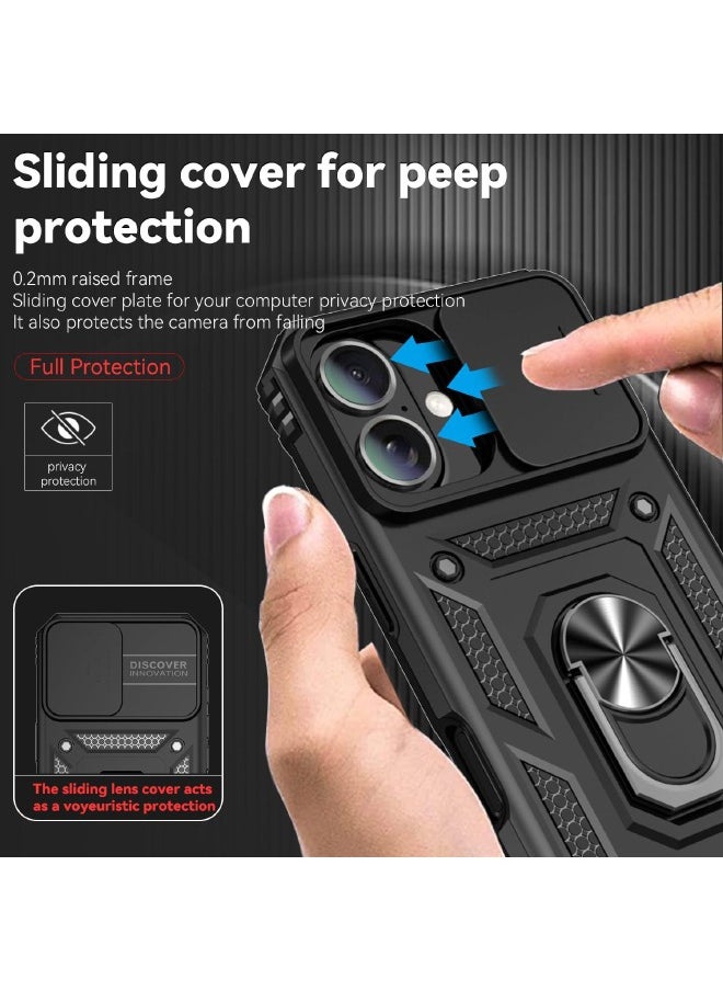 RUGGED SHIELD iPhone 16 Cover, Slide Camera Cover, Built-in 360° Rotate Ring Kickstand, Shockproof Drop Proof Protection, Heavy Duty Shockproof Protective Case for iPhone 16 (2024), Black  - Image 2