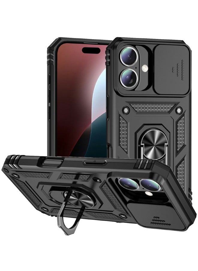 RUGGED SHIELD iPhone 16 Cover, Slide Camera Cover, Built-in 360° Rotate Ring Kickstand, Shockproof Drop Proof Protection, Heavy Duty Shockproof Protective Case for iPhone 16 (2024), Black  - Image 1