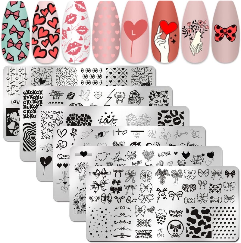 SILPECWEE 6 Pieces Valentines Day Nail Stamp Nail Stamping Plate Holiday Heart Nails Design Nail Stencils Nail Art Template Nail Polish Stamp Tools Nail Art Accessories for Acrylic Nails