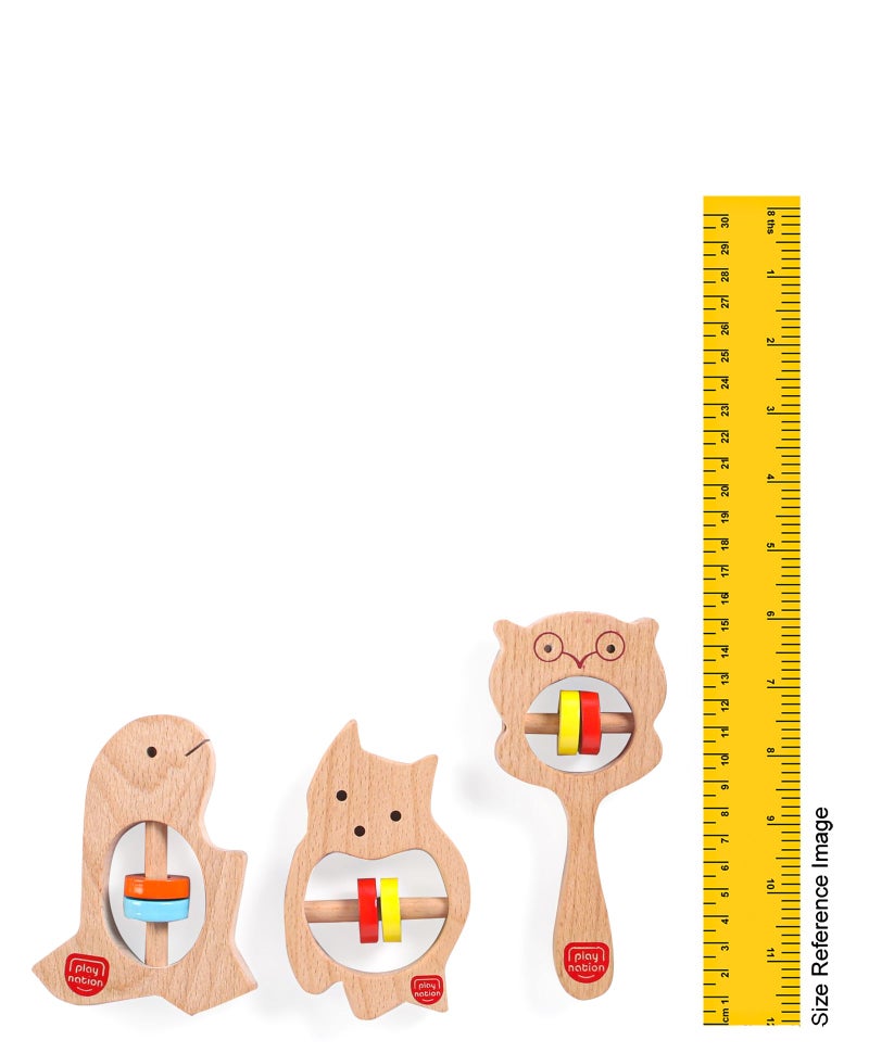 PlayNation Play Nation Dino Cat and Owl Shape Wooden Rattle Toys, BIS Certified, Safe & Non-Toxic, 6 Months+, L 23.5 x B 14 x H 2 cm, Brown - 3 Pieces - Image 3
