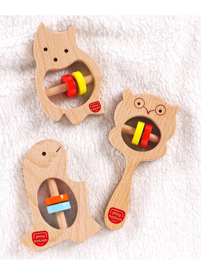 PlayNation Play Nation Dino Cat and Owl Shape Wooden Rattle Toys, BIS Certified, Safe & Non-Toxic, 6 Months+, L 23.5 x B 14 x H 2 cm, Brown - 3 Pieces - Image 1