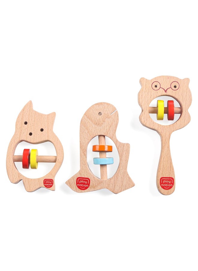 PlayNation Play Nation Dino Cat and Owl Shape Wooden Rattle Toys, BIS Certified, Safe & Non-Toxic, 6 Months+, L 23.5 x B 14 x H 2 cm, Brown - 3 Pieces - Image 2