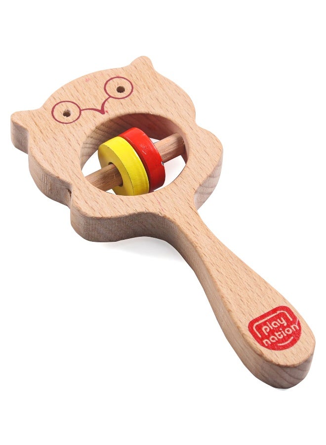 PlayNation Play Nation Dino Cat and Owl Shape Wooden Rattle Toys, BIS Certified, Safe & Non-Toxic, 6 Months+, L 23.5 x B 14 x H 2 cm, Brown - 3 Pieces - Image 4