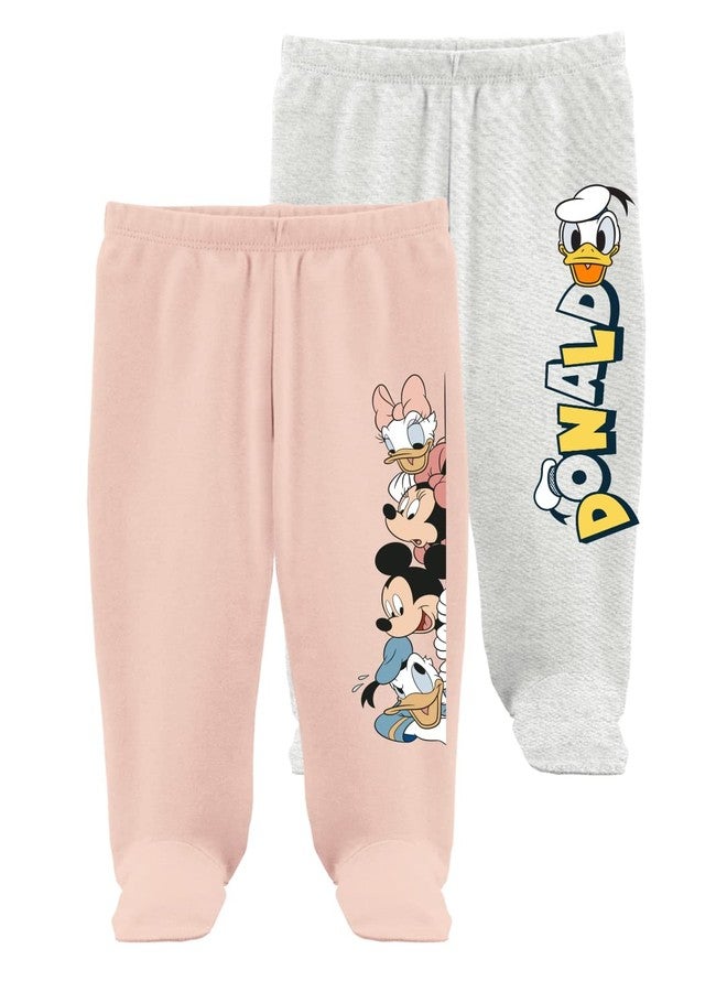 minicult Disney Mickey Mouse Footed Pajama Pants For Baby Boys And Girls(Pink b1)(Pack of 2)(3-6 Months) - Image 1