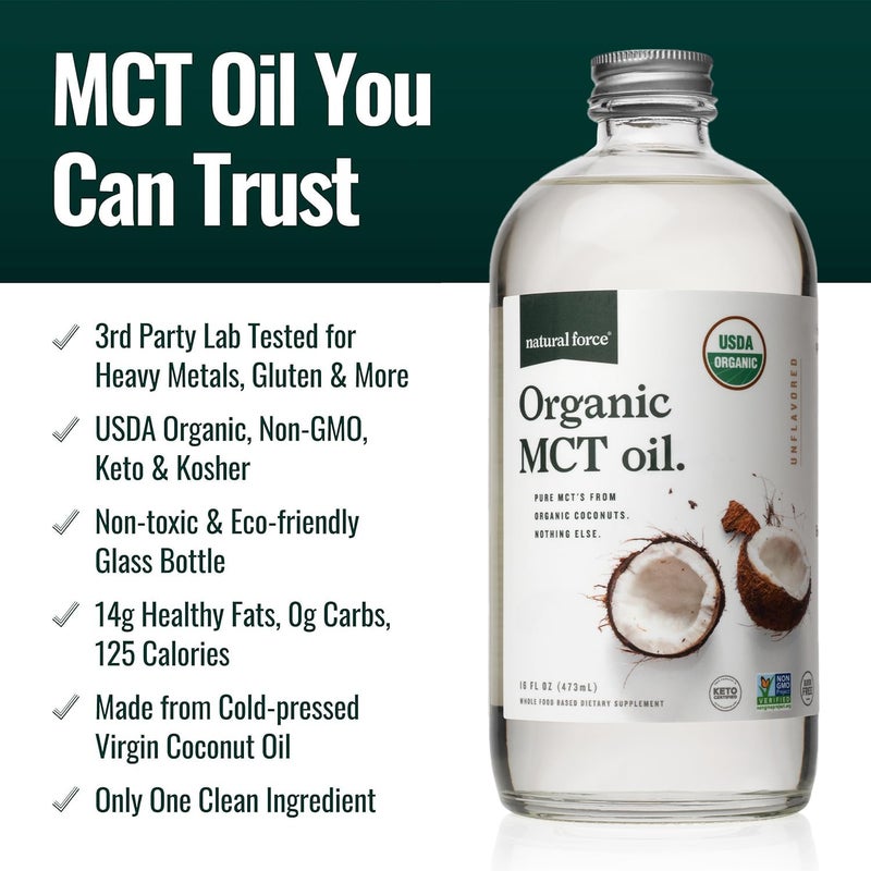 Natural Force 100% Virgin Coconut MCT Oil - 16oz Glass Bottle, Certified Keto, Paleo, Kosher, Vegan & Non-GMO - Image 2