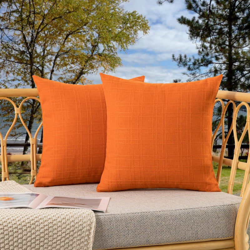 Kevin Textile Outdoor Waterproof Throw Pillow Covers Decorative Farmhouse Water Resistant Checkered Cushion Covers for Tent Patio Garden Couch Sofa Pack of 2  24x24 Inch Orange - Image 4