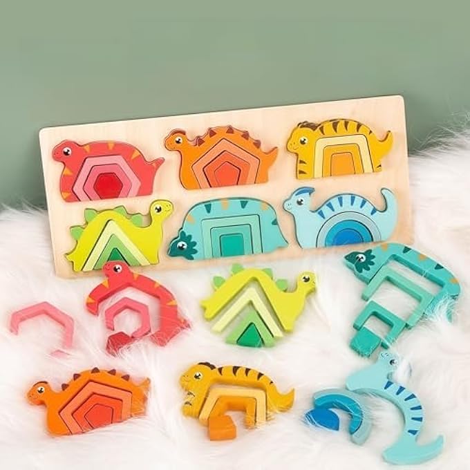 MONTESSORI WOODEN DINOSAUR PUZZLE, PARENT-CHILD COLLABORATIVE PLAY STACKING TOY FOR KIDS AGES 3+ - Image 1