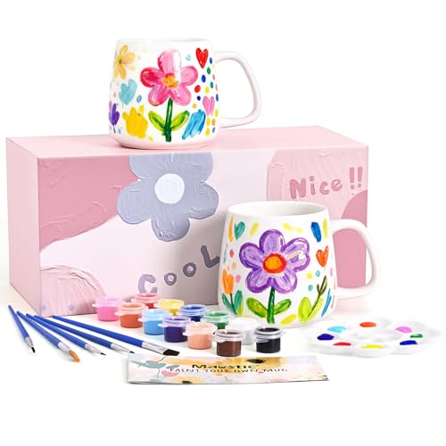 Maustic Mug Painting Kit, Paint Your Own Mug Kit, 2 Pcs Ceramic Mugs to Paint, Mothers Day Fathers Day Valentine's Day DIY Gift Kits, Includes 2 Paintable Mugs 12 Oz, Paints, Brushes - Image 1
