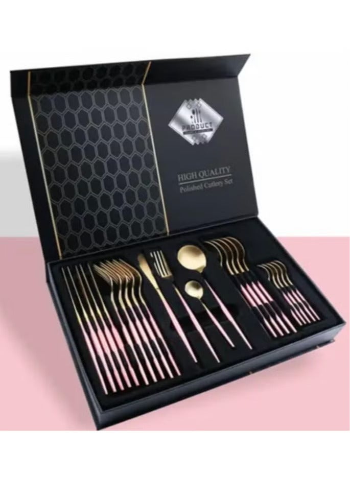 24-Piece Pink and Gold Spoon Set in Premium Carton Box – Luxury Modern Design – Suitable for 6 People – Made of Stainless Steel – Dishwasher Safe – Comes in a Premium Gift Box