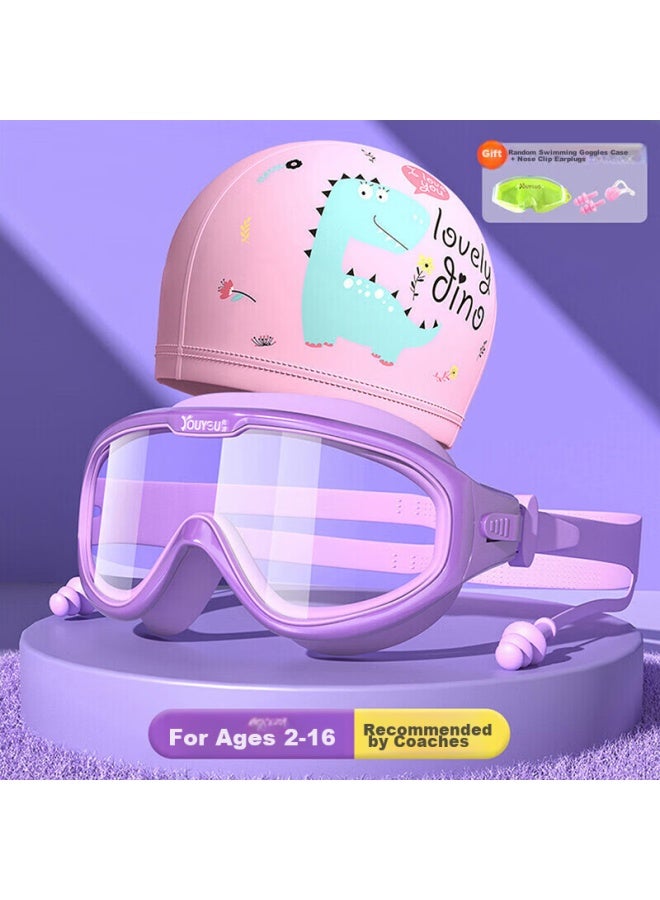 Youyou Children's Swimming Goggles And Cap, Waterproof Anti-fog Large Frame, For Boys And Girls, Swimming Pool Goggles And Cap, Six-piece Set, 6936 Purple - Image 1