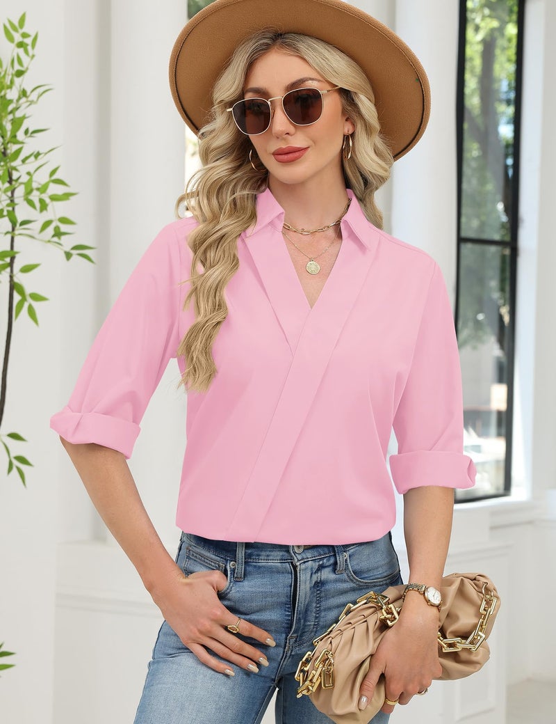 LOMON Tops for Women Trendy Dressy Casual 3/4 Sleeve Work Blouses Cotton Dress Shirts 2026 Business Casual Outfits Loose Fit Tee Tops (Pink,XXL) - Image 4