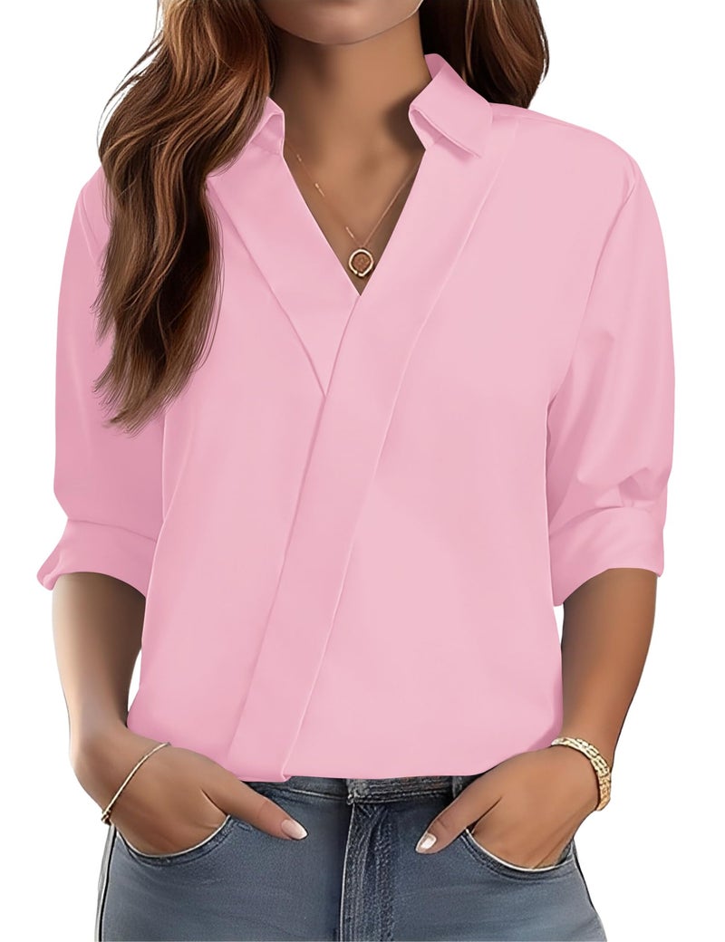 LOMON Tops for Women Trendy Dressy Casual 3/4 Sleeve Work Blouses Cotton Dress Shirts 2026 Business Casual Outfits Loose Fit Tee Tops (Pink,XXL) - Image 1