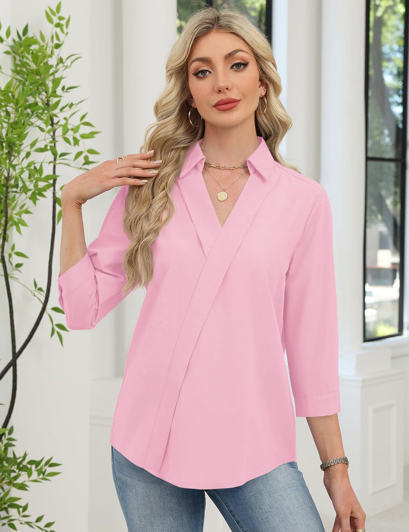 LOMON Tops for Women Trendy Dressy Casual 3/4 Sleeve Work Blouses Cotton Dress Shirts 2026 Business Casual Outfits Loose Fit Tee Tops (Pink,XXL) - Image 2