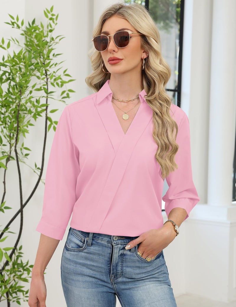 LOMON Tops for Women Trendy Dressy Casual 3/4 Sleeve Work Blouses Cotton Dress Shirts 2026 Business Casual Outfits Loose Fit Tee Tops (Pink,XXL) - Image 3