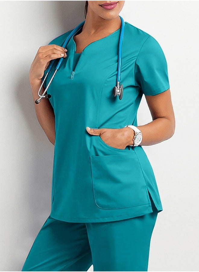 Loquat Round Neck Medical Uniform Scrubs Top for Women Workwear Soft Stretch Easy Care Lake Blue  - Image 2