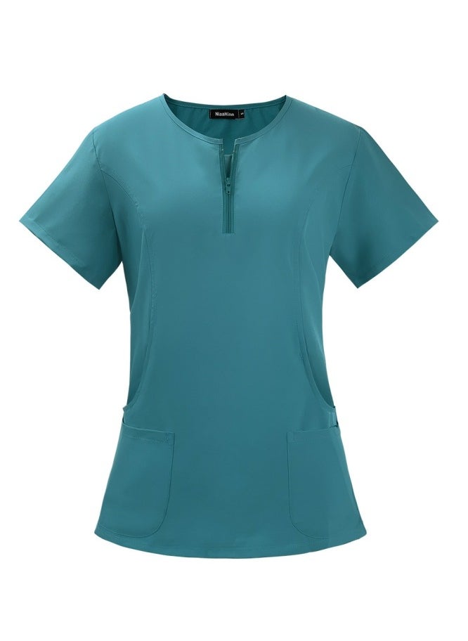 Loquat Round Neck Medical Uniform Scrubs Top for Women Workwear Soft Stretch Easy Care Lake Blue  - Image 1