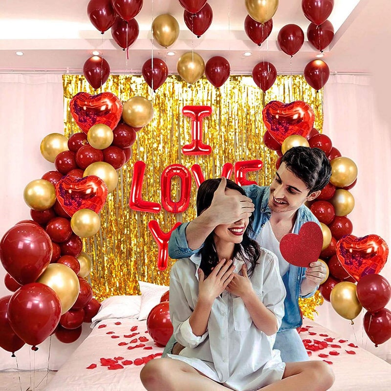 Party Propz Party Propz Foil I Love You Balloons For Decoration 47Pcs Happy Anniversary Decoration Items Red and Golden Balloon with Golden Fringe Curtain Foil Heart Shape Balloons Proposal Birthday Decor - Image 5