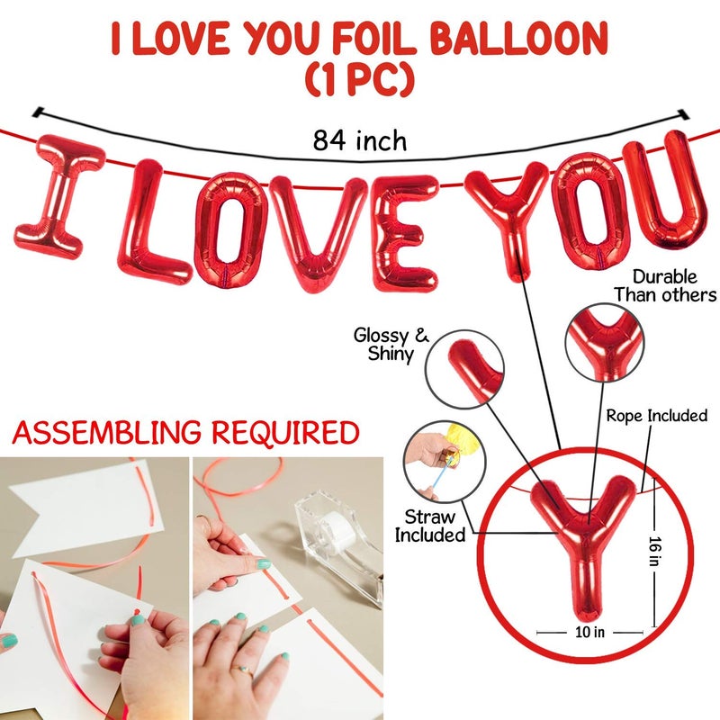 Party Propz Party Propz Foil I Love You Balloons For Decoration 47Pcs Happy Anniversary Decoration Items Red and Golden Balloon with Golden Fringe Curtain Foil Heart Shape Balloons Proposal Birthday Decor - Image 3