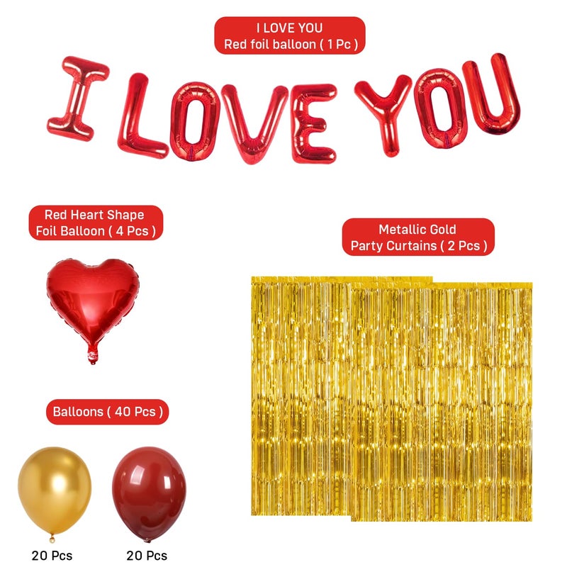 Party Propz Party Propz Foil I Love You Balloons For Decoration 47Pcs Happy Anniversary Decoration Items Red and Golden Balloon with Golden Fringe Curtain Foil Heart Shape Balloons Proposal Birthday Decor - Image 2