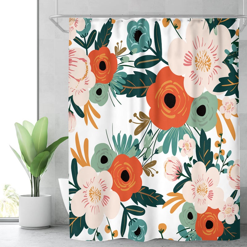 Riyidecor Extra Long Floral 72Wx78H Inch Shower Curtain Set Flower Spring Season Green Leaves Orange Women Bathroom Decor Fabric Panel Polyester Waterproof with 12 Pack Plastic Shower Hooks WW-YHX9