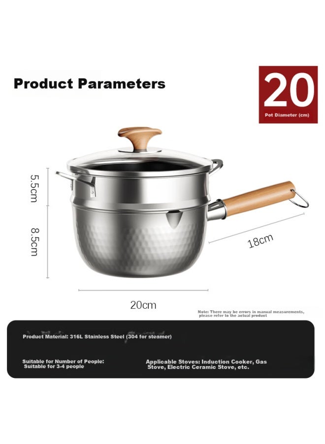 Kobach Snowflake Pot, 316l Stainless Steel Milk Pot, Three-layer Steel Thickened Baby Food Pot, Noodle Pot With Steamer, Compatible With Stove, 20cm - Image 1