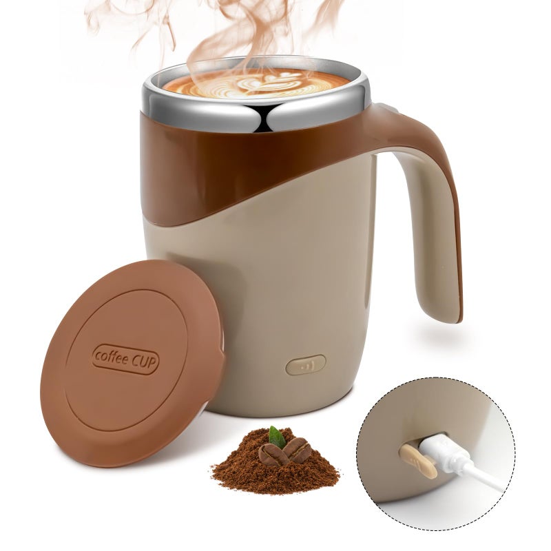 Ftutom Self Stirring Coffee Mug Rechargeable Automatic Stirring Mixing Mug Electric Funny Self Mixing Cup Stainless Steel Travel Coffee Cup for Office Home Kitchen Brown - Image 2