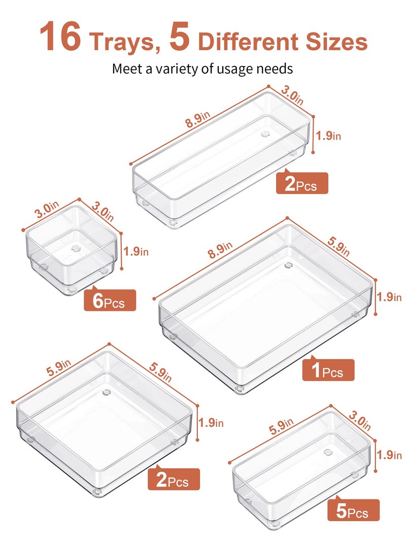 SMARTAKE 16-Piece Drawer Organizer with Non-Slip Silicone Pads, 5-Size Desk Storage Tray for Makeup, Jewelries, Utensils in Bedroom Dresser, Office and Kitchen, Clear - Image 2