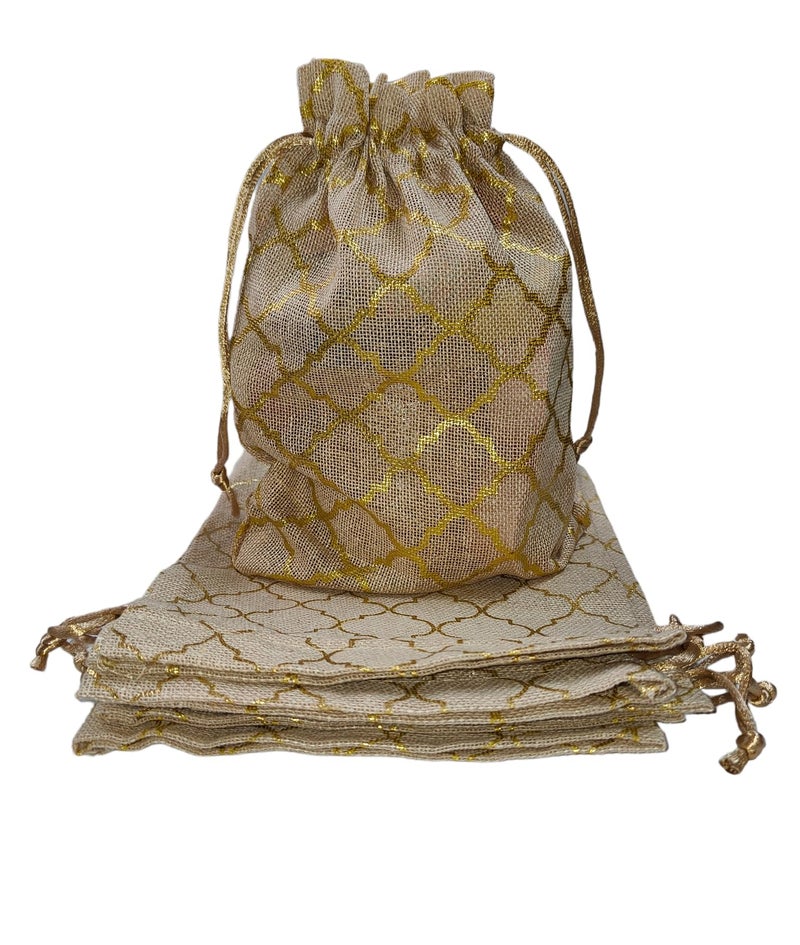 Just Flowers 9Inch X 6 Inch Jute Potli Bags Large Size, Jute Bags For Shagun Gifts, Return Gifts, Dry Fruits, Wedding Women Gift Packing (Barfi Deign Print Jute Pouches, Pack Of 10),Multicolor - Image 1