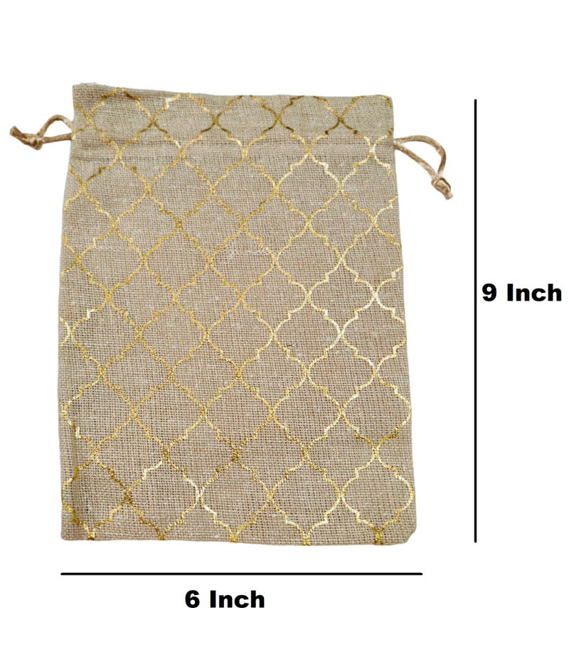 Just Flowers 9Inch X 6 Inch Jute Potli Bags Large Size, Jute Bags For Shagun Gifts, Return Gifts, Dry Fruits, Wedding Women Gift Packing (Barfi Deign Print Jute Pouches, Pack Of 10),Multicolor - Image 3