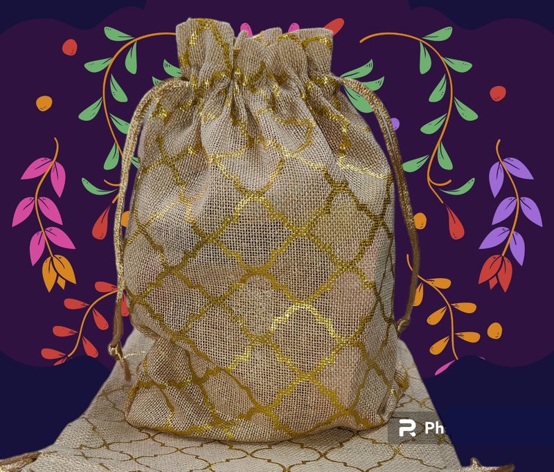 Just Flowers 9Inch X 6 Inch Jute Potli Bags Large Size, Jute Bags For Shagun Gifts, Return Gifts, Dry Fruits, Wedding Women Gift Packing (Barfi Deign Print Jute Pouches, Pack Of 10),Multicolor - Image 2