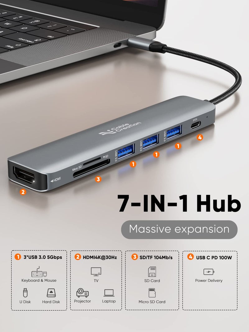 CableCreation USB C Hub Multiport Adapter, CableCreation 7-in-1 USB C HDMI Hub with 4K 30Hz HDMI, 100W PD, 3 USB 3.0 5Gbps Data Ports, SD/TF Cards Reader for MacBook Pro/Air, iPad Pro, Pixelbook, XPS - Image 2