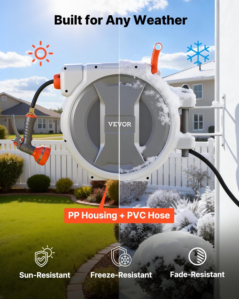 VEVOR Retractable Garden Hose Reel, 1/2 in x 50 ft, Wall Mounted Hose Reel with 9-Function Sprayer Nozzle and 180Â° Swivel Bracket, Any Length Lock, Automatic Slow Rewind System, for Garden Watering - Image 4